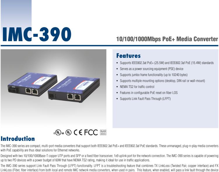 研華IMC-390-MM Mini PoE+ Media Converter, 1000Mbps, Multimode 850nm, 550m, SC (also known as MiniMc 857-11912TG)