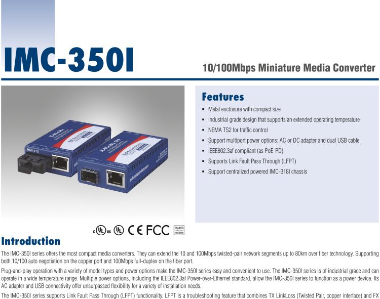 研華IMC-350I-SL-A Mini Hardened Media Converter, 100Mbps, Single mode 1550nm, LFPT, 80km, SC