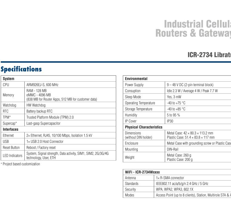 研華ICR-2734W ICR-2700, EMEA, 2x Ethernet, USB, Wi-Fi, Metal, Without Accessories