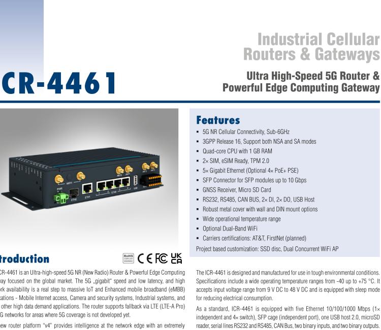 研華ICR-4461 ICR-4400, GLOBAL, NAM, 5x Ethernet, 1x RS232, 1x RS485, CAN, SFP, USB, SD, Without Accessories