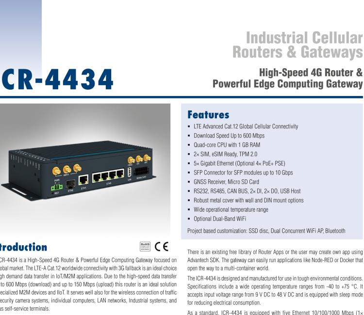 研華ICR-4434WS ICR-4400, GLOBAL, 5x Ethernet, 1x RS232, 1x RS485, CAN, PoE PSE+, Wi-Fi, SFP, USB, SD, Without Accessories