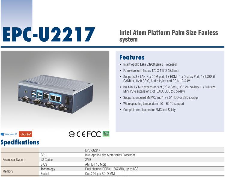 研華EPC-U2217 Intel Atom第六代Apollo Lake無風(fēng)扇嵌入式工控機，3LAN，板載eMMC，CANBUS