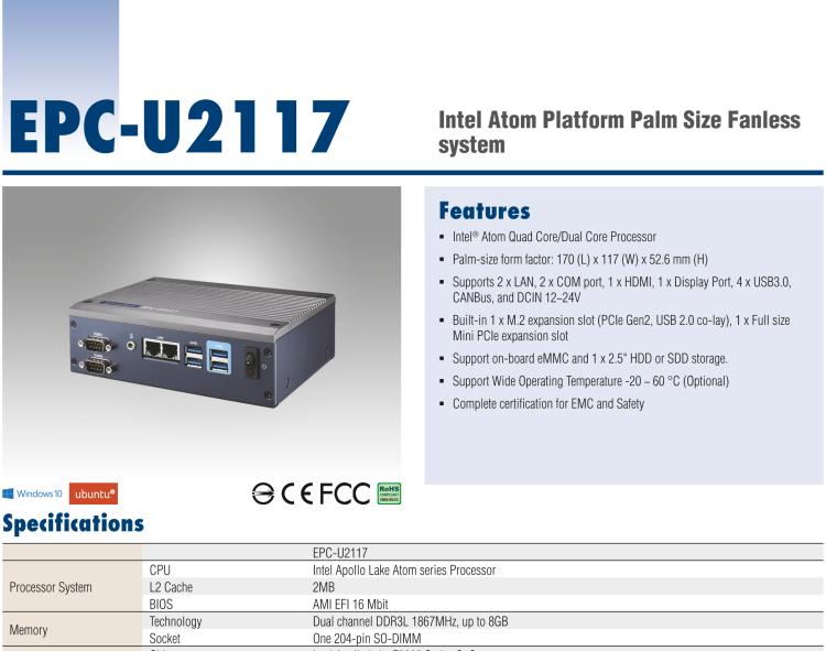 研華EPC-U2117 Intel Atom第六代Apollo Lake無風扇嵌入式工控機，板載eMMC，CANBUS