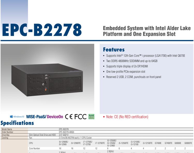 研華EPC-B2278 適配Intel 第12代 Core i 系列處理器，搭載Q670E芯片組。2U高度，精簡尺寸，性能強勁，是小尺寸高性能場景的理想解決方案。