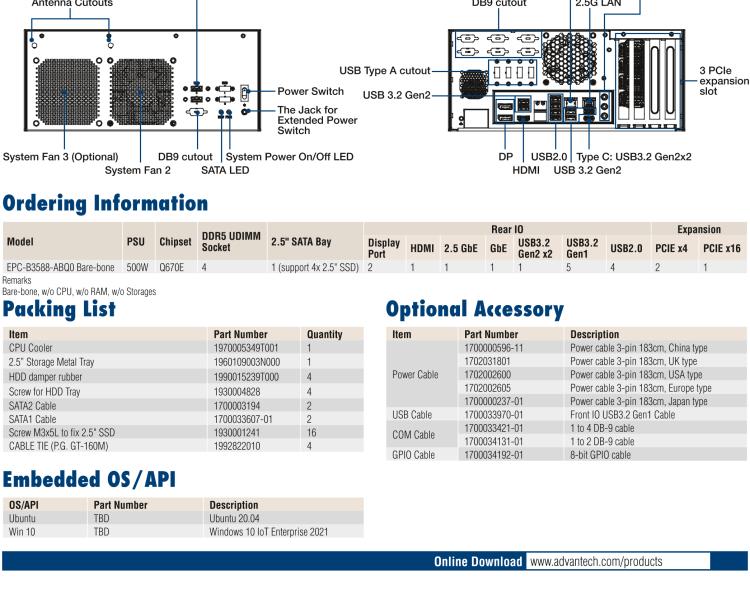 研華EPC-B3588 適配Intel 第12代 Core i 系列處理器，搭載Q670E芯片組。可搭配NVIDIA? RTX-A4500顯卡。3U高度，提供高端圖像處理應用的解決方案。