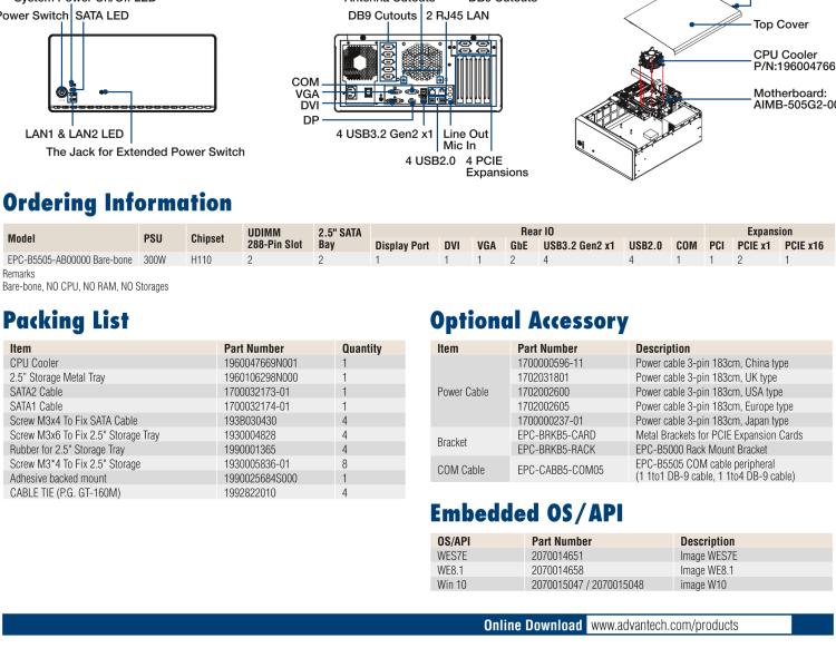 研華EPC-B5505 適配Intel? 第6/7代 Core ? i/Xeon E3系列處理器，搭載H110芯片組。標準4U上架，廣泛適用于各種行業。