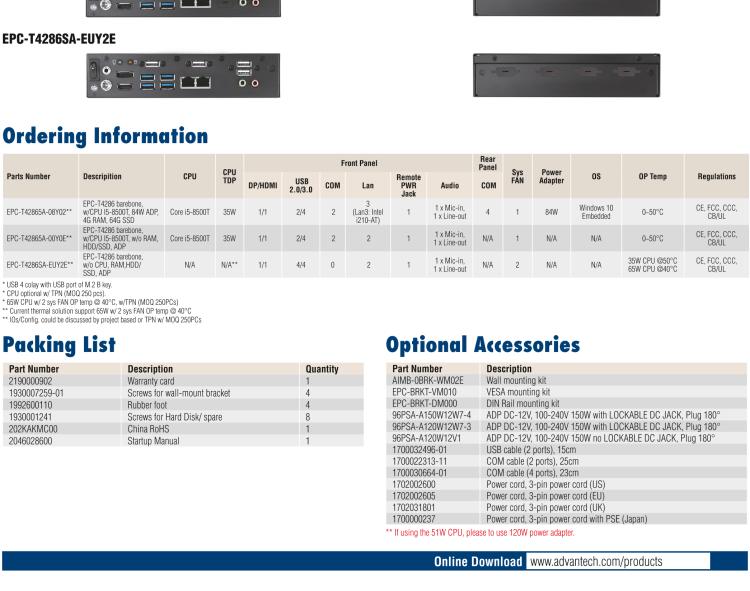 研華EPC-T4286 適配Intel? 第8/9代 Core? i 系列處理器，搭載H310芯片組。1U超薄高度，性能強勁。