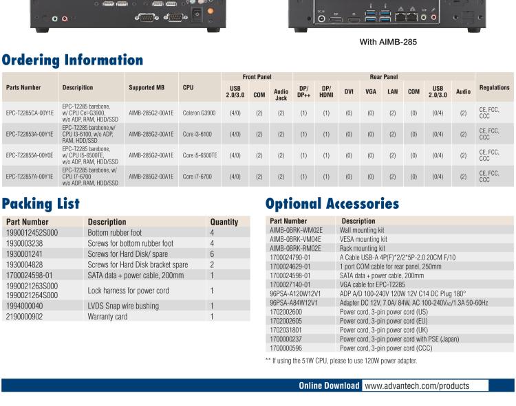 研華EPC-T2285 適配Intel? 第6/7代 Core? i 系列處理器，搭載H110芯片組。1U超薄高度，性能強(qiáng)勁。