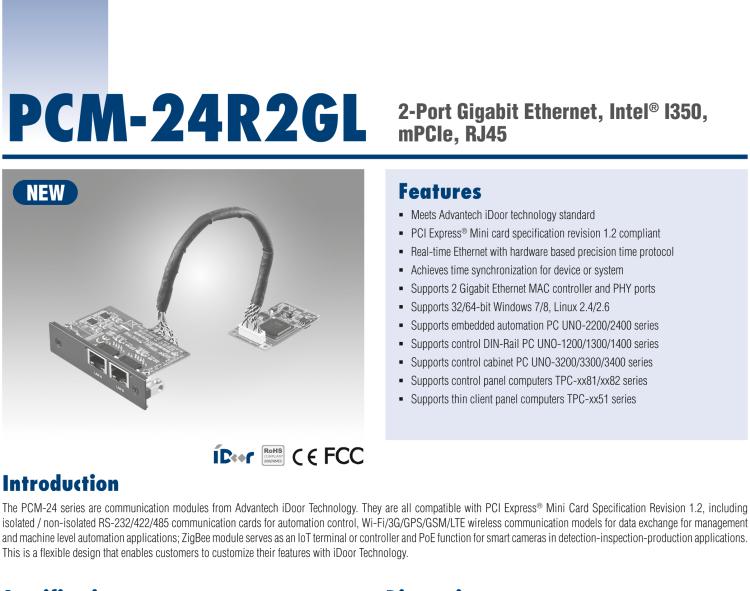 研華PCM-24R2GL 2端口千兆以太網，mPCIe，RJ45