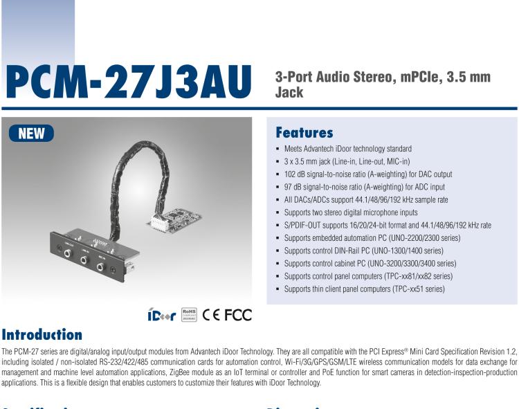 研華PCM-27J3AU 3端口立體聲音頻，mPCIe，3.5毫米插孔