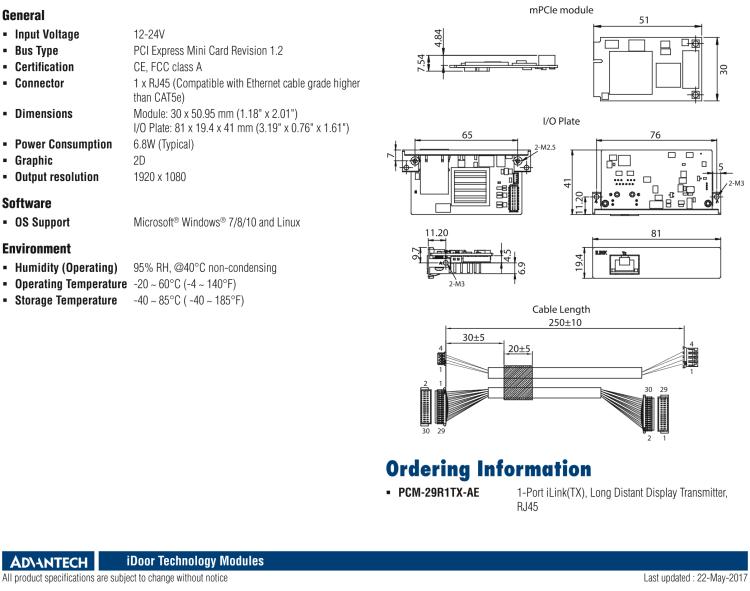 研華PCM-29R1TX 1-Port iLink(TX), Long Distant Display Transmitter, RJ45