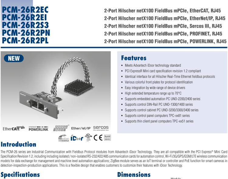 研華PCM-26R2S3 2端口 Hilscher netX100 現場總線 mPCIe, Sercos III, RJ45