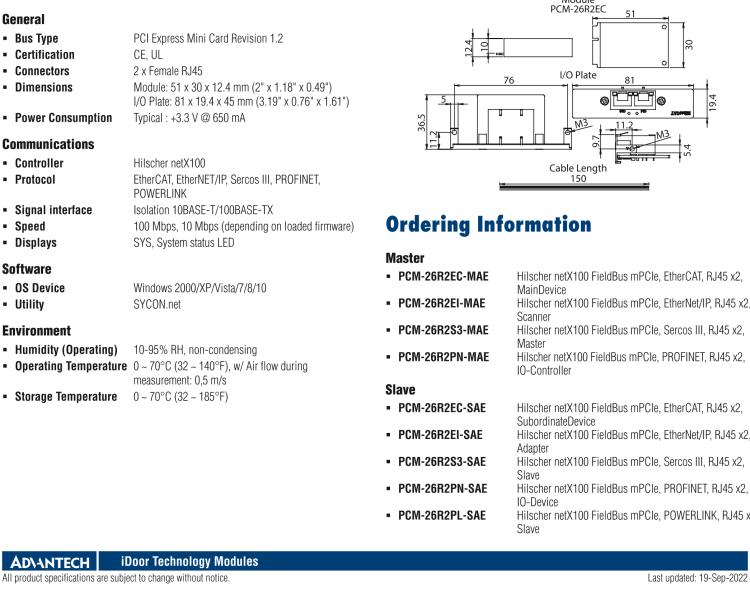 研華PCM-26R2S3 2端口 Hilscher netX100 現場總線 mPCIe, Sercos III, RJ45