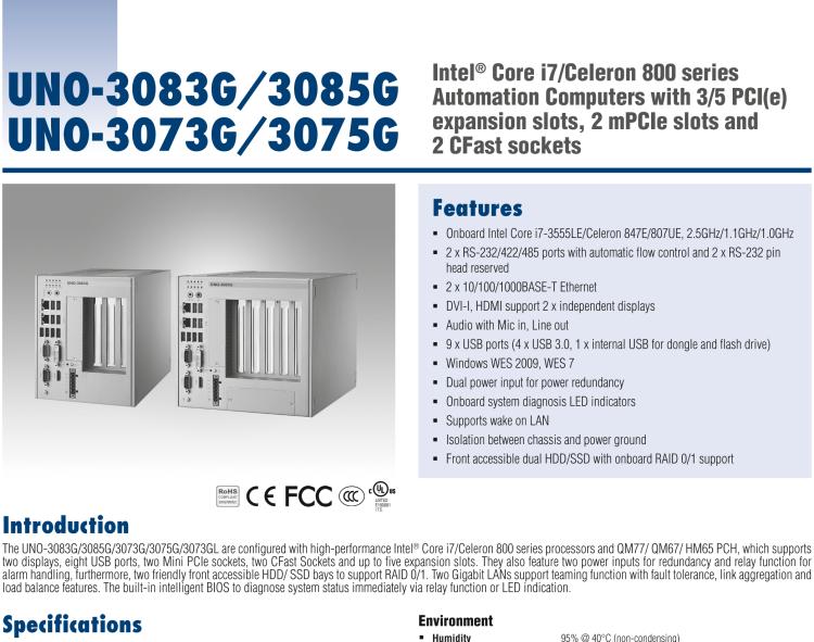 研華UNO-3085G Intel Core i-2655LE嵌入式無風扇工業電腦，帶5個PCI(e)擴展槽，2個Mini PCIe插槽，2個CFast插槽