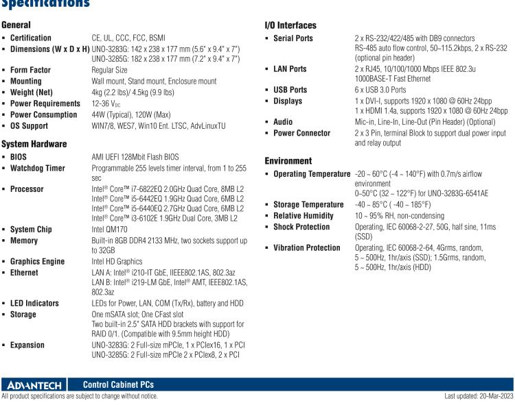 研華UNO-3283G 高效能嵌入式無風扇工業電腦，搭配Intel? Core? i 處理器，2×GbE, 2×mPCIe, HDMI, DVI-I