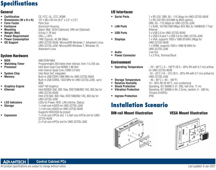 研華UNO-2272G 袖珍型嵌入式工控機，搭配Intel? Atom?處理器，1 x GbE, 2 x mPCIe, VGA/HDMI