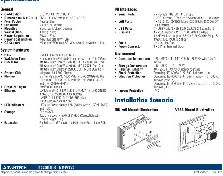 研華UNO-2483G 標準型嵌入式無風扇工業電腦，搭配Intel? Core? i7/i3/Celeron處理器，4×GbE, 3×mPCIe, HDMI/VGA