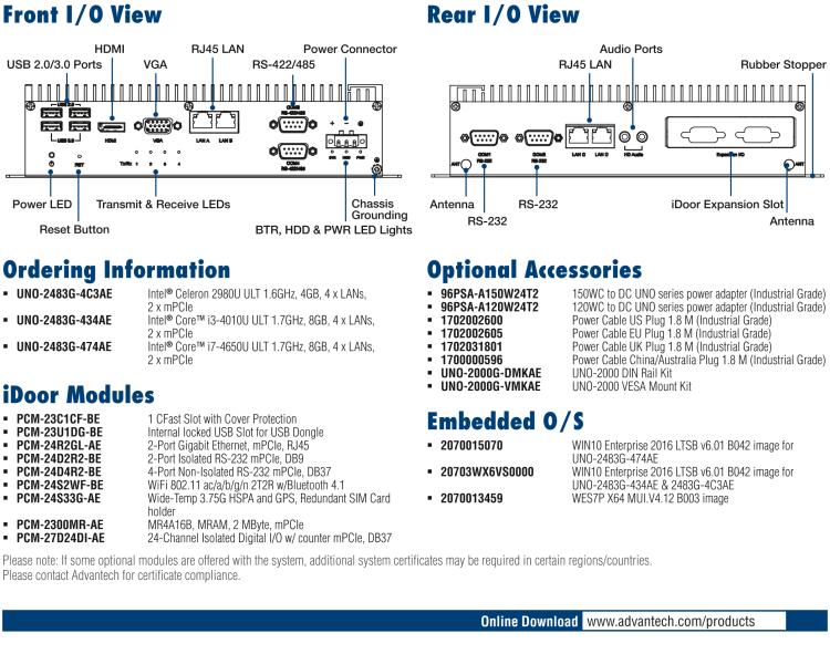 研華UNO-2483G 標準型嵌入式無風扇工業電腦，搭配Intel? Core? i7/i3/Celeron處理器，4×GbE, 3×mPCIe, HDMI/VGA