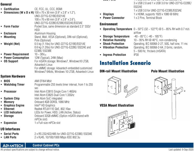 研華UNO-2271G 小型智慧工廠數據網關，搭載Intel? Atom?處理器，2 x GbE, 1 x mPCIe, HDMI, eMMC