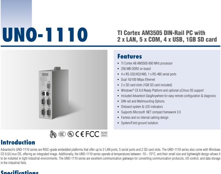 研華UNO-1110 導(dǎo)軌安裝型工業(yè)控制器，搭配TI Coretex AM3505 處理器，2×LAN，5×COM，4×USB，1 GB SD卡