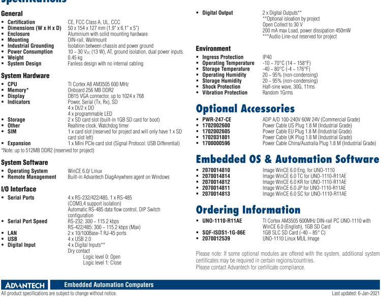 研華UNO-1110 導(dǎo)軌安裝型工業(yè)控制器，搭配TI Coretex AM3505 處理器，2×LAN，5×COM，4×USB，1 GB SD卡