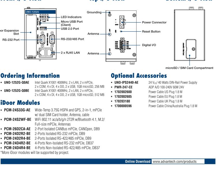 研華UNO-1252G 微型導(dǎo)軌安裝工業(yè)物聯(lián)網(wǎng)網(wǎng)關(guān)，搭配英特爾? Quark? 微控制器，2×LAN，2×mPCIe，2×COM，8×DI/O，2×USB，1×1GB microSD card，1×SIM