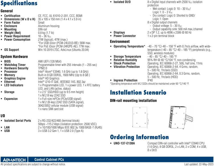 研華UNO-137 DIN導軌控制器，配備Intel?Atom?E3940 CPU、2個LAN、2個COM、3個USB 3.0、1個USB 2.0、2個DP 1.2、8個DI、8個DO、1個M.2、1個mPCIe、TPM 2.0