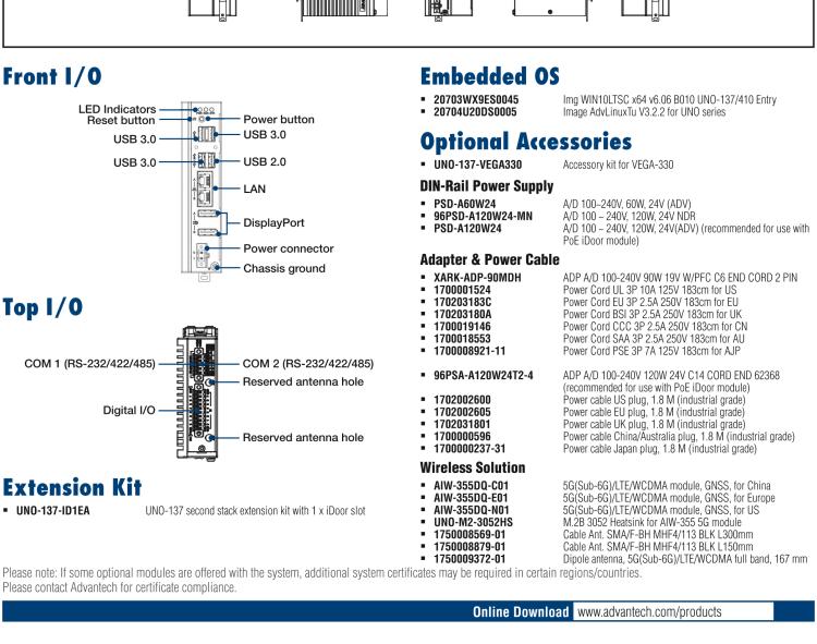 研華UNO-137 DIN導軌控制器，配備Intel?Atom?E3940 CPU、2個LAN、2個COM、3個USB 3.0、1個USB 2.0、2個DP 1.2、8個DI、8個DO、1個M.2、1個mPCIe、TPM 2.0