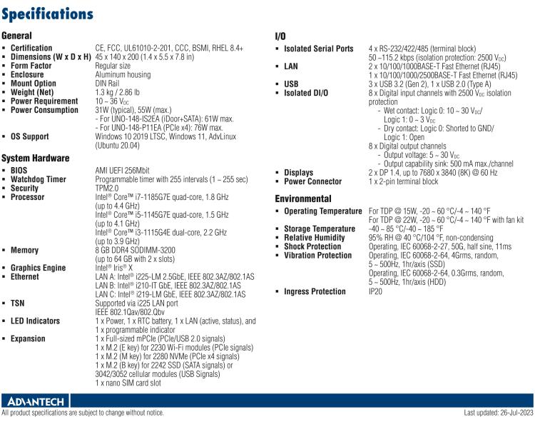 研華UNO-148 常規無風扇DIN導軌控制器，采用第11代Intel? Core? i處理器