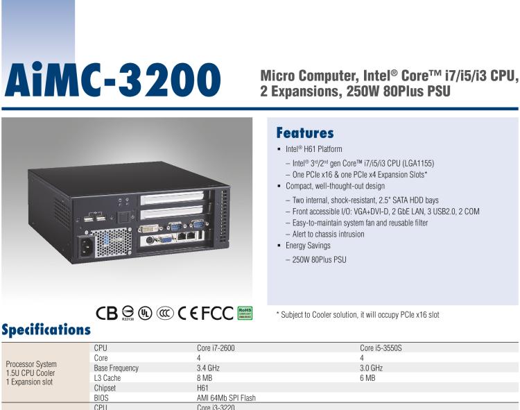 研華AiMC-3200 智能微型工控機，Intel Core i7/i5/i3 CPU,2 擴展槽，250W 80 Plus PSU