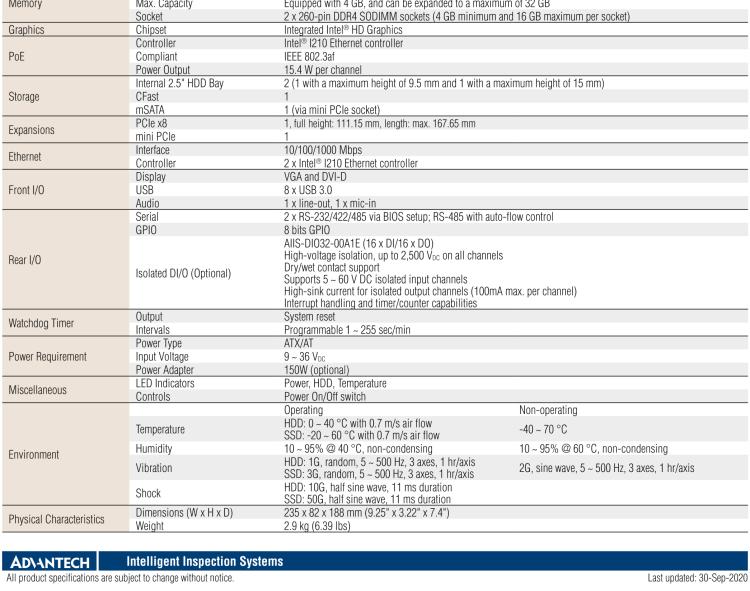 研華AIIS-5410P 無風扇視覺系統，Intel Core? i 處理器，4通道 GigE PoE 相機界面和 PCIe 插槽