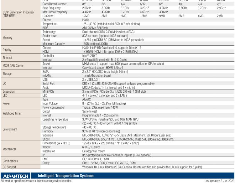 研華ITA-460G Intel? 8th/9th Gen Core? i CPU 防水無風扇車載 AI 計算單元