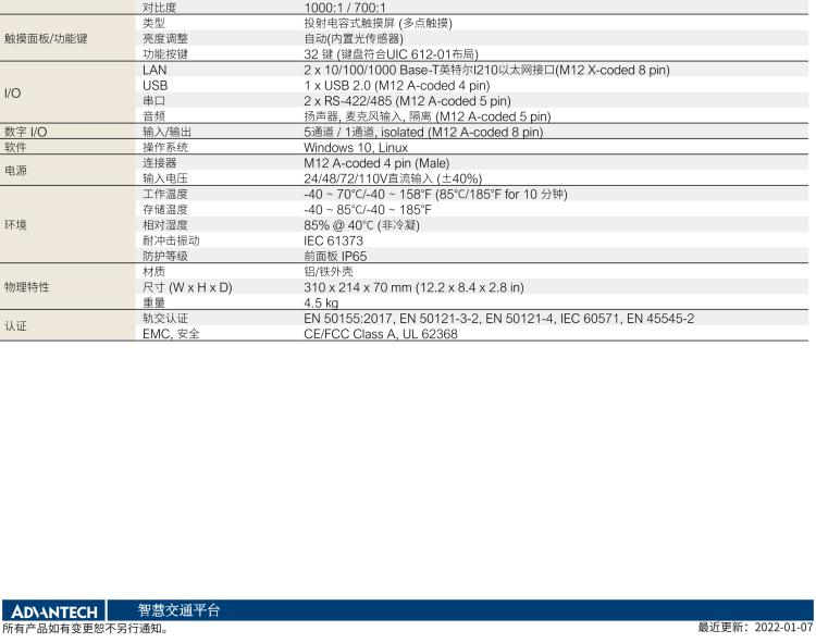 研華ITA-8100 滿足鐵路En50155認證標準，10.4寸可觸屏式平板電腦，支持英特爾?凌動x7-E3950處理器