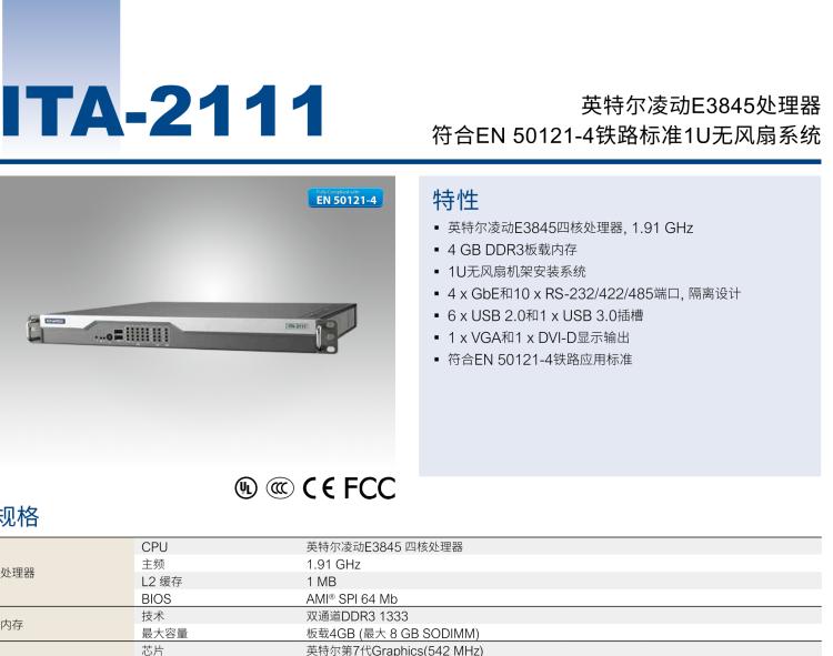 研華ITA-2111 英特爾?凌動?E3845 1U無風扇系統； 符合EN 50121-4的鐵路應用