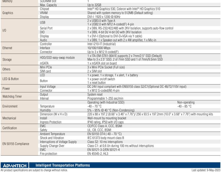 研華ITA-5831 Intel? 第六代 Core? i 處理器無風扇系統 符合EN 50155鐵路應用產品