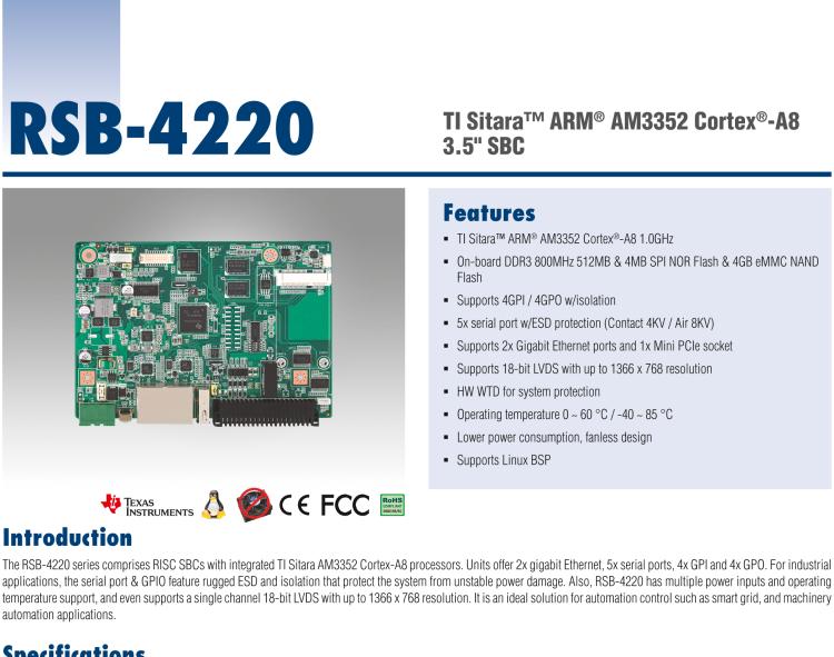 研華RSB-4220 基于TI AM3352 Cortex-A8 的3.5寸單板，寬溫、低功耗、無風扇設計