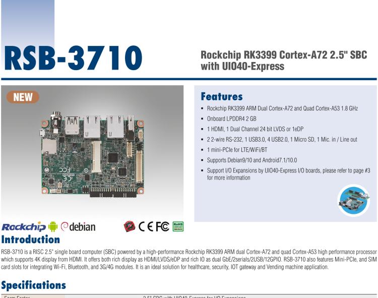 研華RSB-3710 Rockchip RK3399 Cortex-A72 2.5" 單板電腦，帶 UIO40-Express擴展