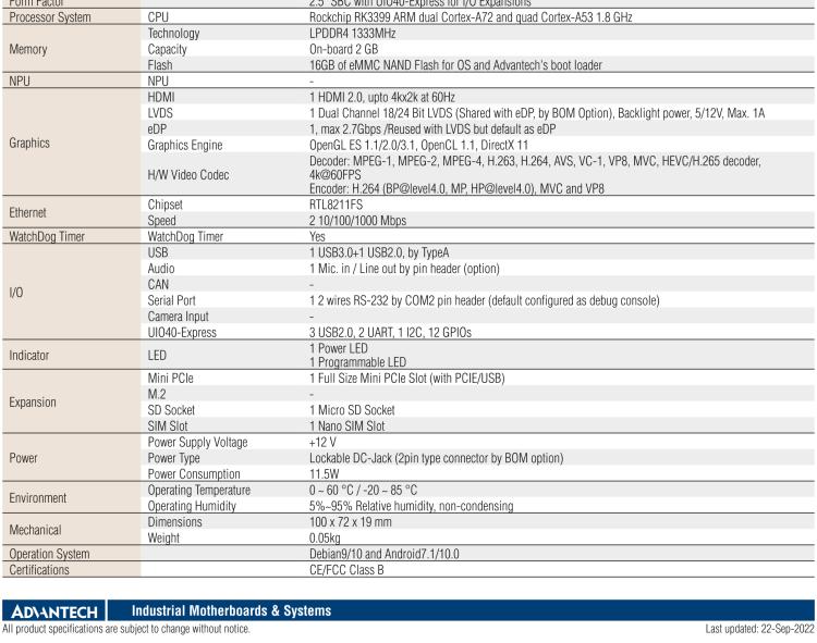 研華RSB-3710 Rockchip RK3399 Cortex-A72 2.5" 單板電腦，帶 UIO40-Express擴展