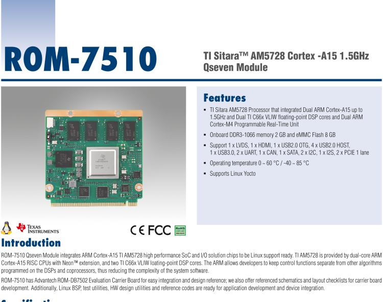 研華ROM-7510 基于ARM Cortex-A15 TI AM5728高性能SoC和DSP多核異構Q7模塊