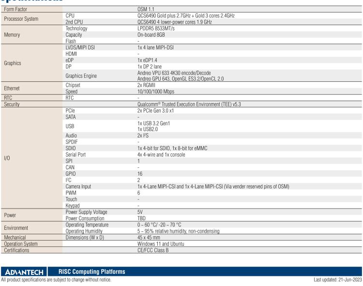 研華ROM-2860 Qualcomm QCS6490 OSM 1.1 Computer-on-Module