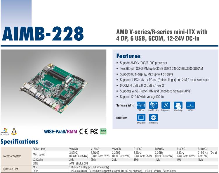 研華AIMB-228 板載AMD V系列/R系列處理器。超薄設計，支持寬壓，廣泛應用在圖像處理、醫(yī)療影像等行業(yè)上。