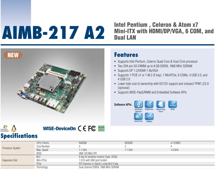 研華AIMB-217 板載Intel? 第6代 奔騰、賽揚、凌動系列處理器。擁有多COM和雙千兆網(wǎng)口，超薄緊湊，無風扇設(shè)計，支持寬溫。