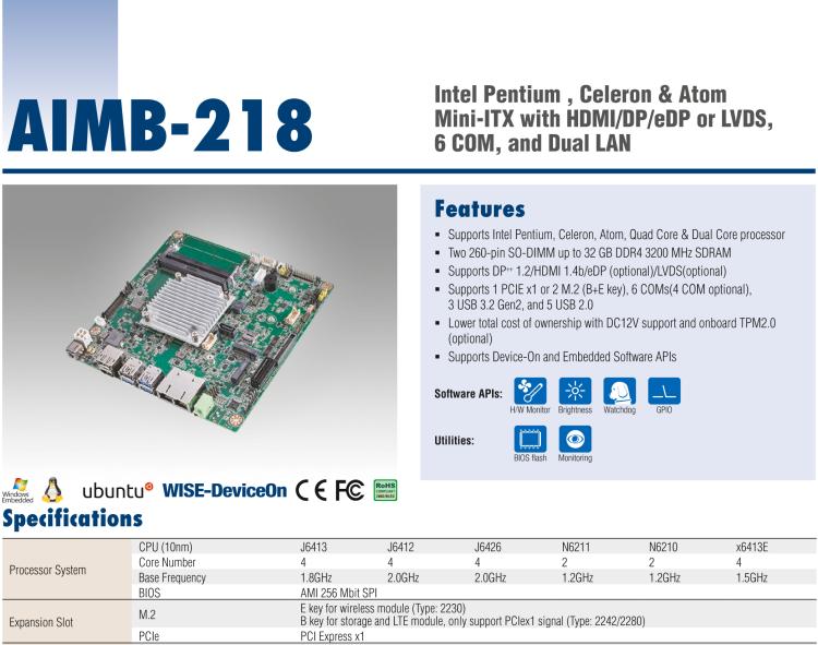 研華AIMB-218 板載Intel? 第8代 奔騰/賽揚(yáng)/凌動(dòng)系列處理器。支持獨(dú)立三顯，超薄緊湊，無風(fēng)扇設(shè)計(jì)，支持寬溫。