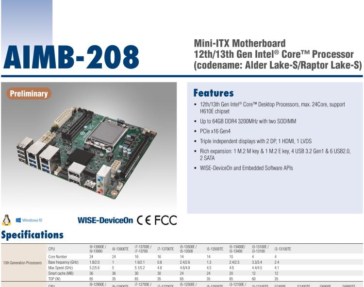 研華AIMB-208 適配Intel 第12/13代 Core i/奔騰系列處理器，搭載H110芯片組。高性價比，擁有豐富的擴展接口，通用性強，穩定可靠。