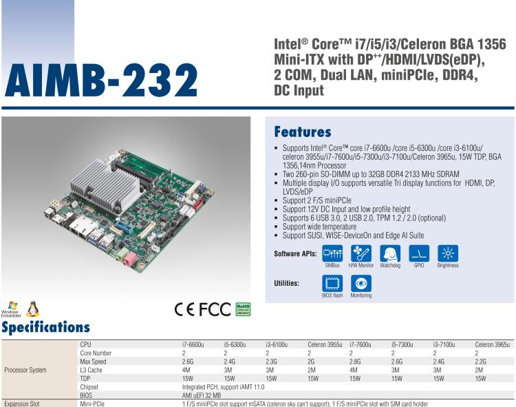 研華AIMB-232 板載Intel? 第6/7代 Core? i/賽揚 處理器。超薄設計，無風扇設計，支持寬溫。