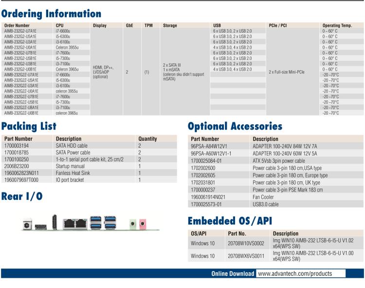 研華AIMB-232 板載Intel? 第6/7代 Core? i/賽揚 處理器。超薄設計，無風扇設計，支持寬溫。