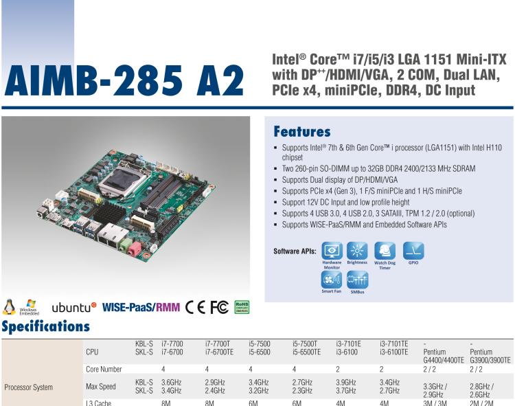 研華AIMB-285 適配Intel? 第6/7代 Core? i 處理器，搭載H110芯片組。超薄緊湊，是理想的高性價比解決方案。