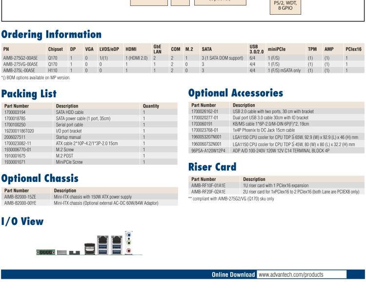 研華AIMB-275 適配Intel? 第6/7代 Core? i 處理器，搭載Intel Q170/H110芯片組。性能強(qiáng)勁，接口豐富。