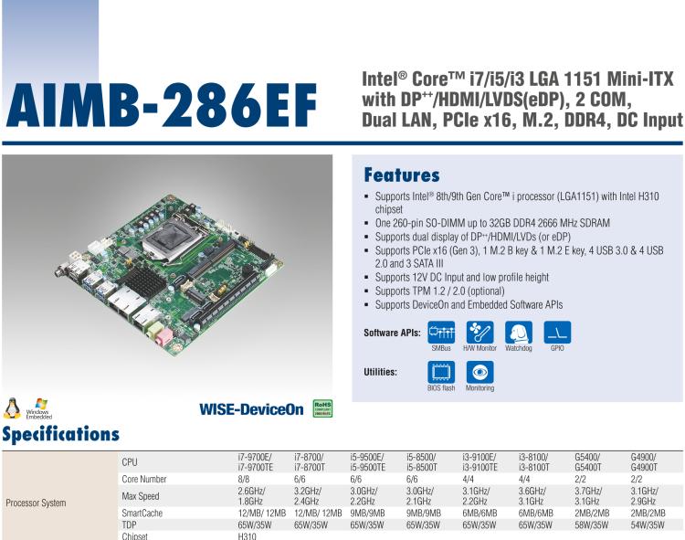 研華AIMB-286EF 適配Intel 第8/9代 Core i 處理器，搭載Intel H310芯片組。擁有1個PCIe x16插槽。超薄設計，接口豐富，是高端應用中的高性價比方案。