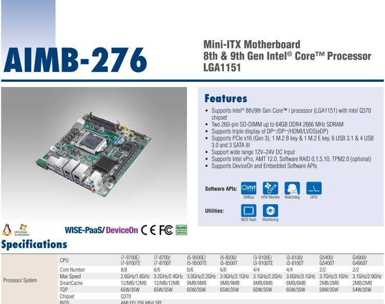 研華AIMB-276 適配Intel 第8/9代 Core?i7/i5/i3 處理器，搭載Q370芯片組。超高性能，是邊緣計算、AI視頻檢測等理想解決方案。